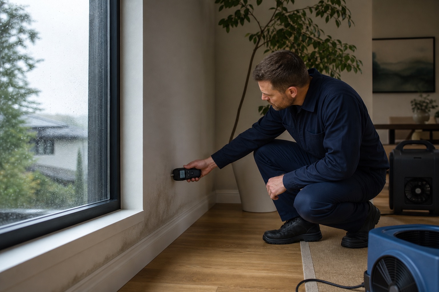 Water damage technician inspecting moisture in a residential property
